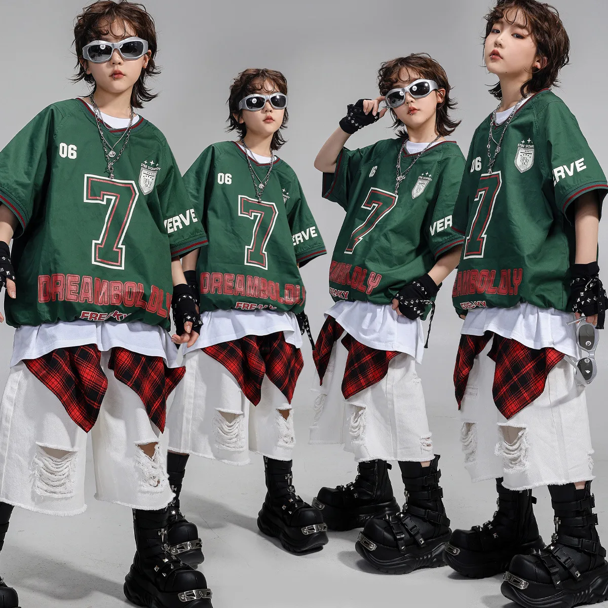 

Kid Hip Hop Clothing Dark Green V Neck Elastic Hem Top T Shirt White Distressed Shorts for Girl Boy Jazz Dance Costumes Clothes