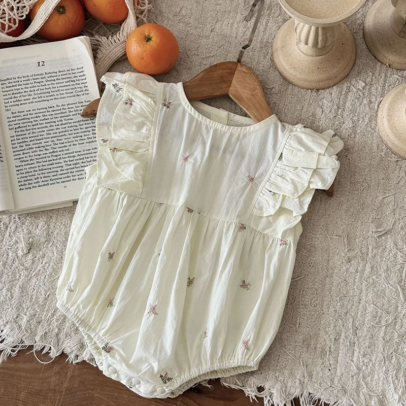 

2024 New Summer Korean Style Climbing Suit Flying Sleeve Cotton Embroidery Infant Baby Girls Bodysuits 0-24M Children Clothes