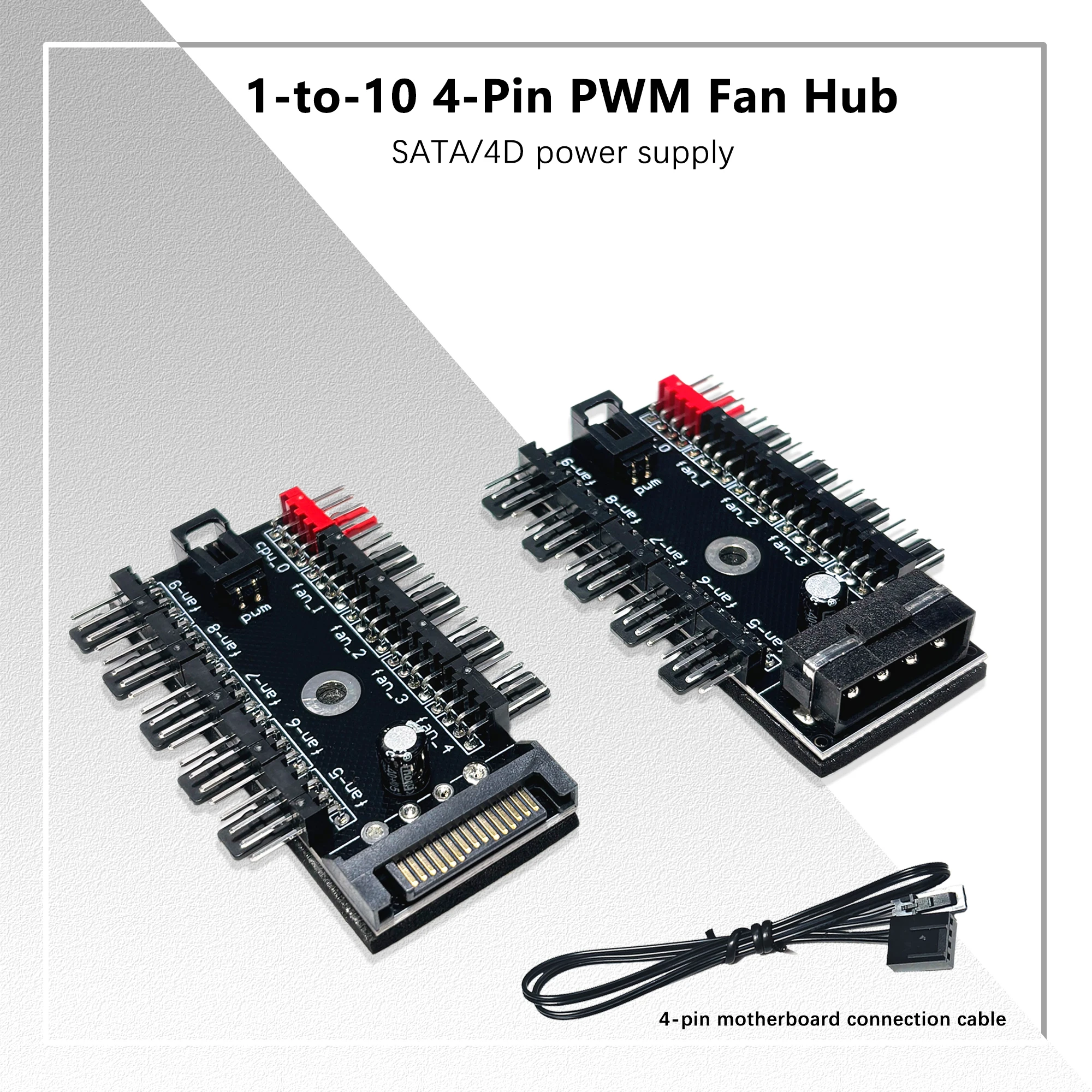PC Fan Hub, 10-way 4Pin PWM Fan Splitter, SATA/4D Powered, Speed Controller for Computer Case Cooling, Compatible 3Pin/4Pin Fans