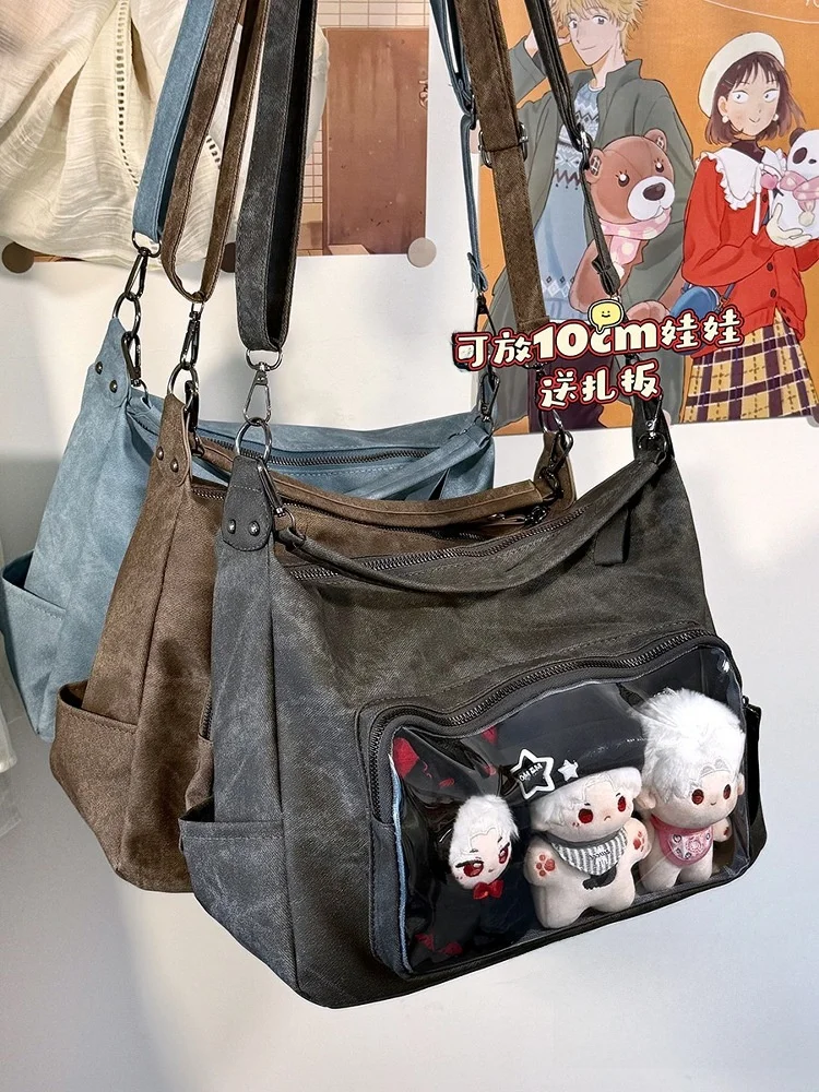 Large Capacity Retro Single Shoulder Handbag Transparent Commuter Slant Crossbody Bag Daily Basic Style Youth Fashion Bag