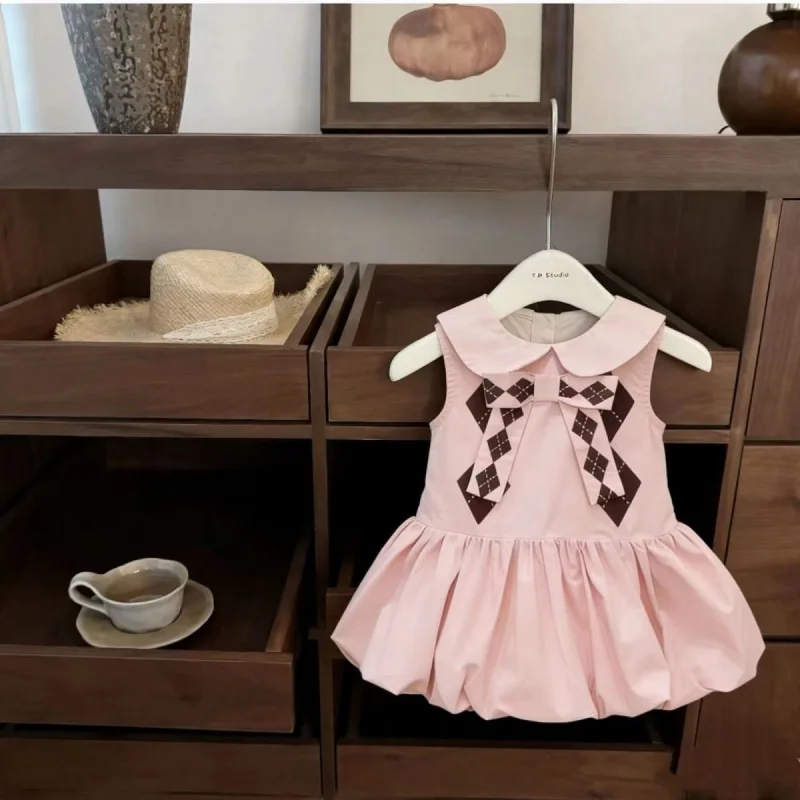 

Sweet pink plaid college-style bud dress for baby girls, stylish sleeveless dress