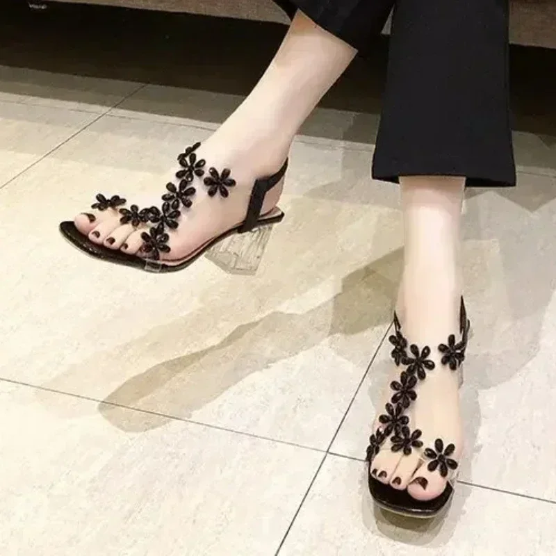 

Fashion Elastic Band Women's Sandals 2025 Summer Open Toe Rhinestones Flower Transparent Chunky Heels Large Size 43 Sandals