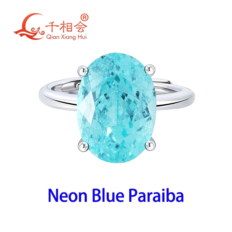 

8.5ct 10*14mm Oval Cut 925 Silver Adjustable YAG Lab grown Neon blue / greenish Paraiba Color ring for jewelry datting