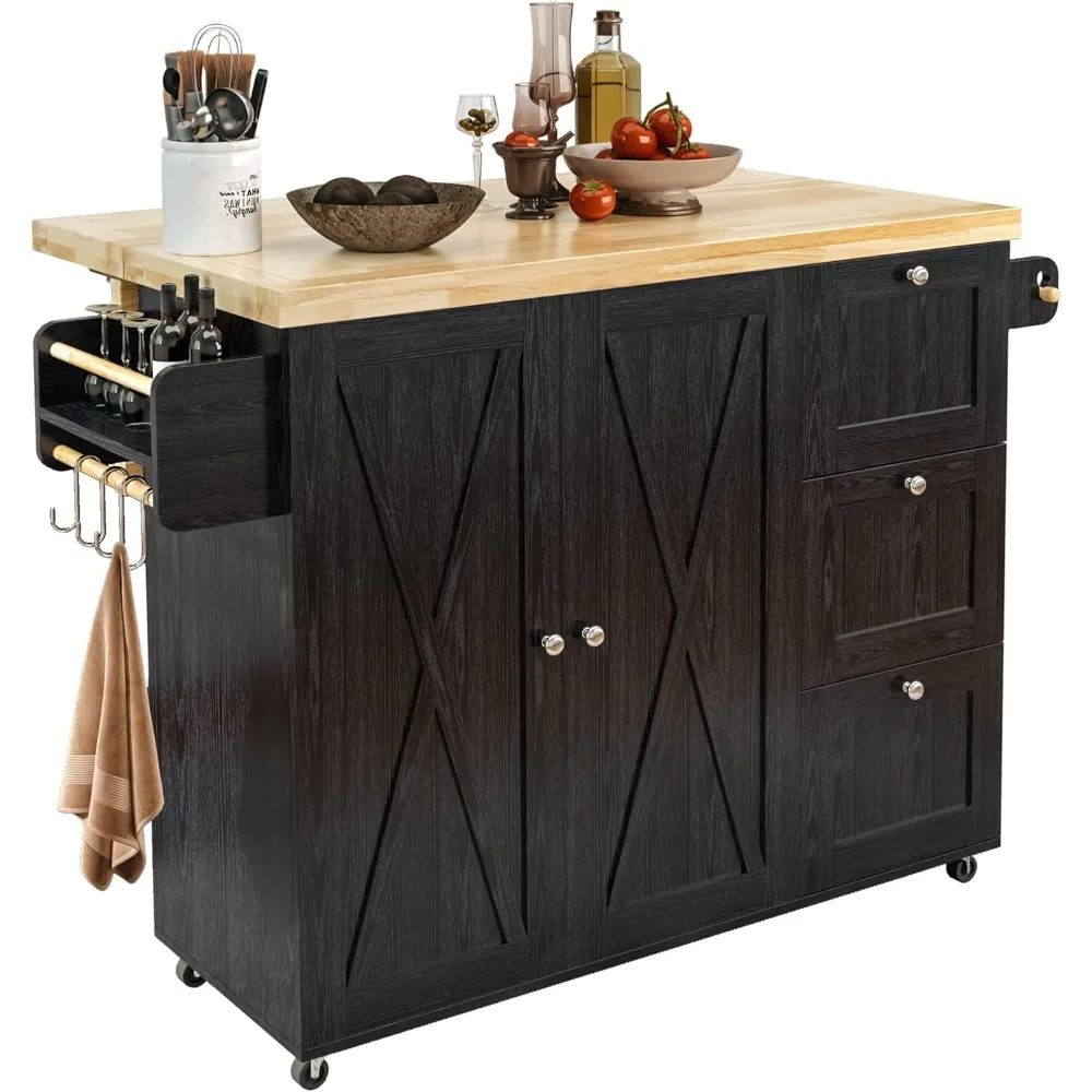 

IRONCK Rolling Kitchen Island Cart with Drop-Leaf Countertop, Barn 3Drawers, Barn Door Style Cabine,Thicker Rubberwood Top