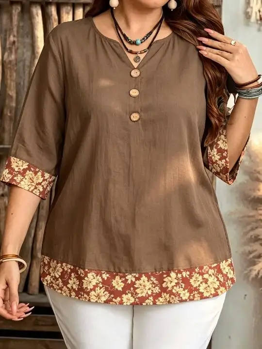 Women Solid Blouse With Floral Maple Leaf Contrast Cuff And Hem For Curvy Figures Notched Neck 3/4 Sleeve Loose Casual Tops