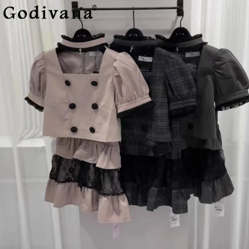 

Japanese Style Sweet Mini Skirt Set Summer New Woman's Lace Stitching Slim Bubble Sleeves Top Skirt 2-piece Set Cross Necklace