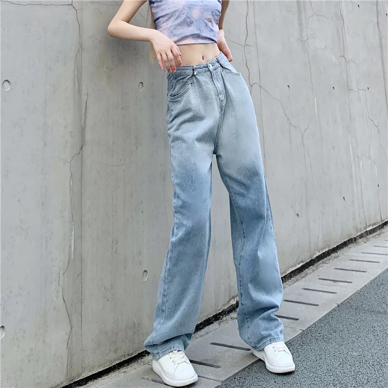 Women Summer New Casual Loose Denim Pants 2024 Low Waist Mom Fit Straight Wide Leg Jeans Gradient Light Blue Baggy Jean Female