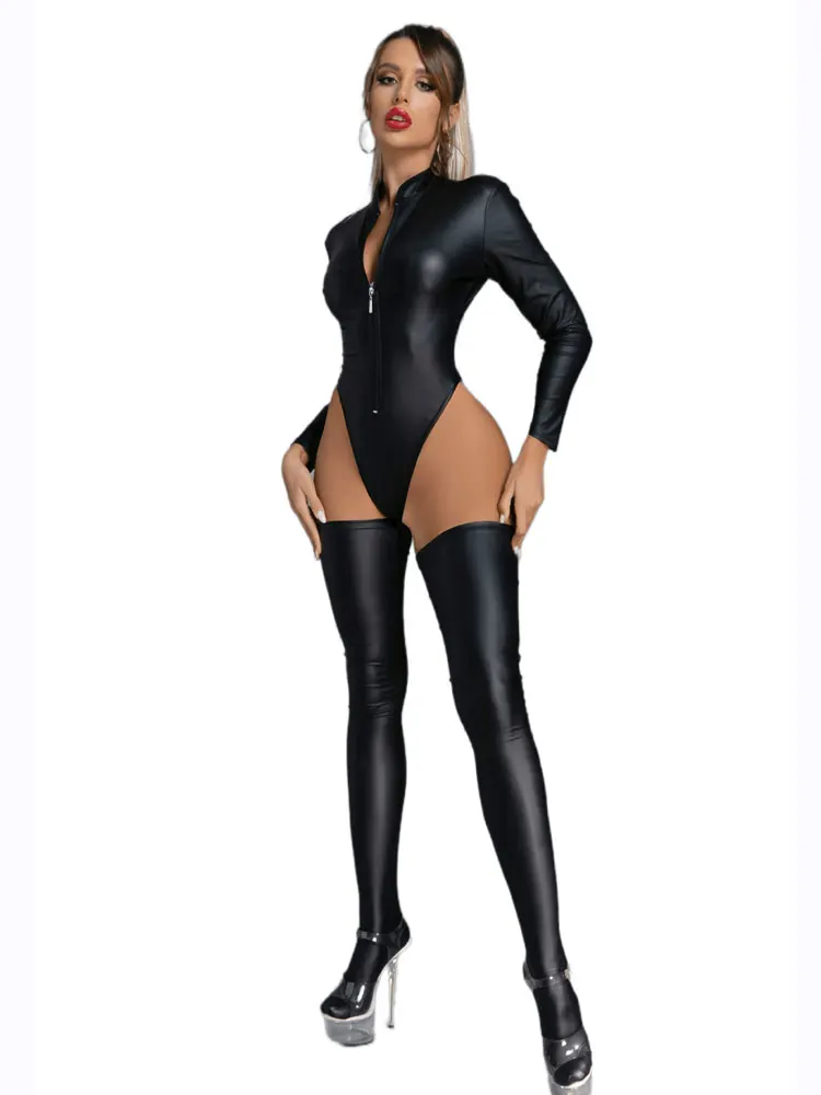 DS Game Suit Sexy Long Sleeve Bodysuit PU Faux Leather Shiny High Cut Thong Bodysuit Stage Dance Role Play Tights With Stocking