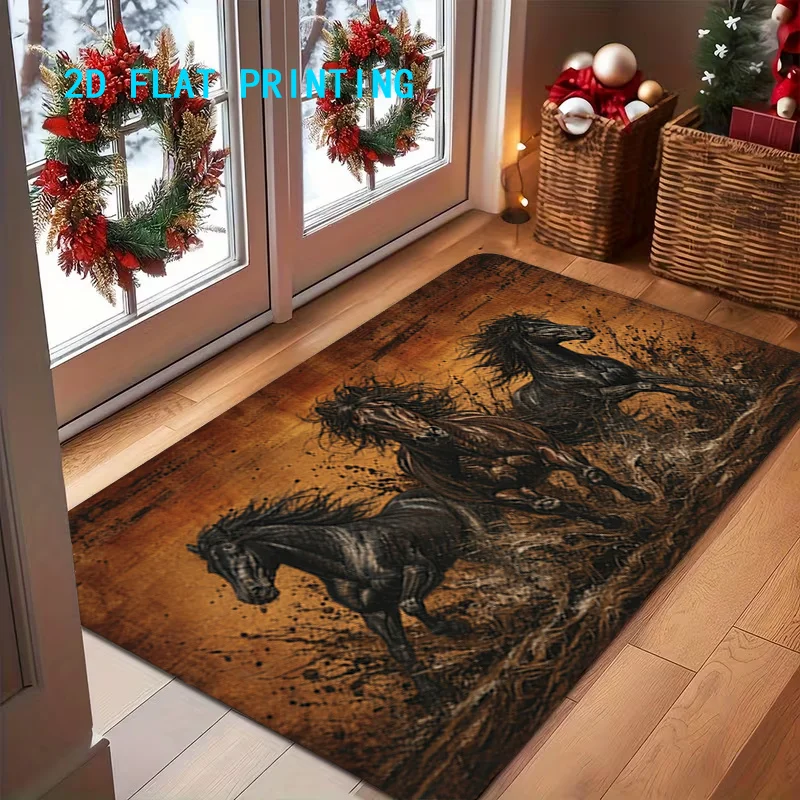 Horse Galloping Doormat 2D Flat Printed Vintage Running Horses Floor Rug Non Real Embroidery for Entryway Indoor Home Decor