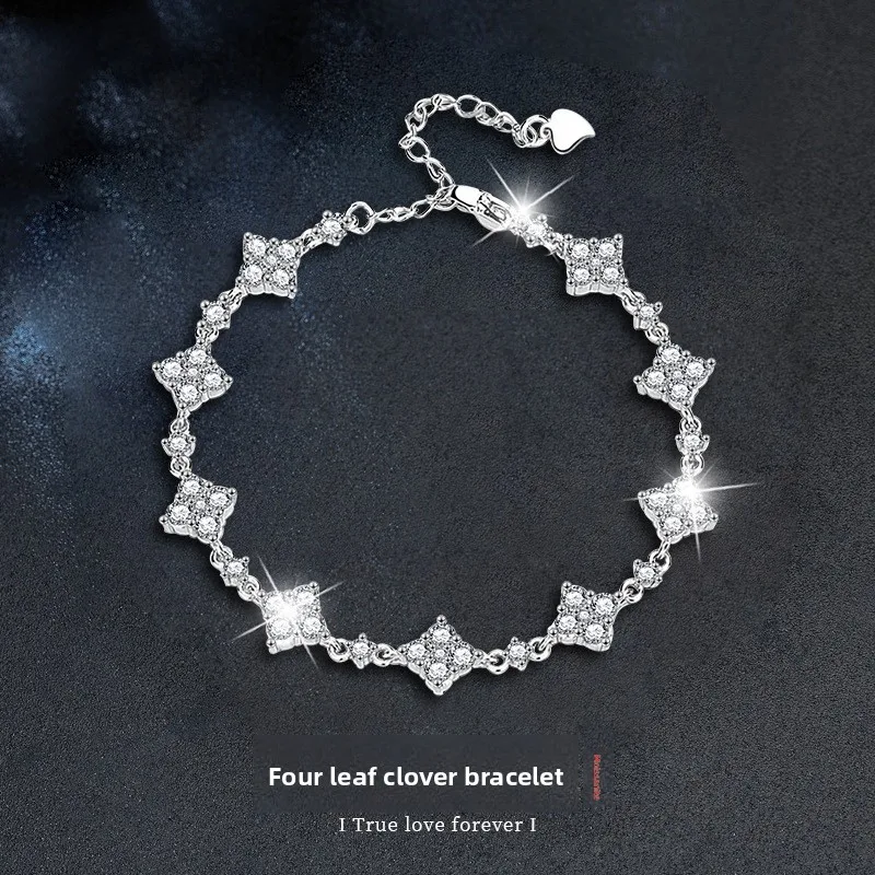 

Adjustable Lucky Clover Moissanite Bracelet. S925 Silver with Rhodium Plating & GRA Certification. Free Gift Box.