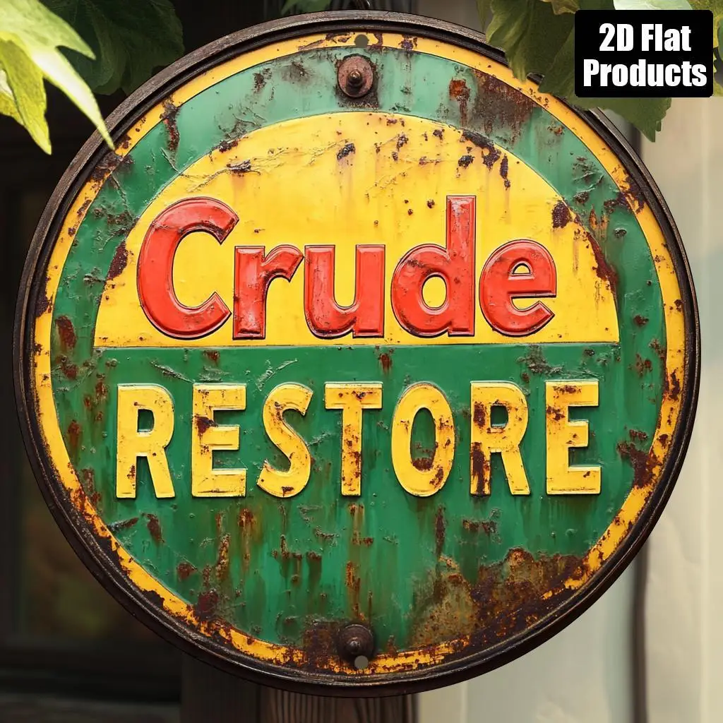 Round Crude Restore Vintage Rusty Sign 2D Flat Aluminum Sign 20x20cm, Green Yellow Circular Plaque, Garage Workshop Man Cave Dec