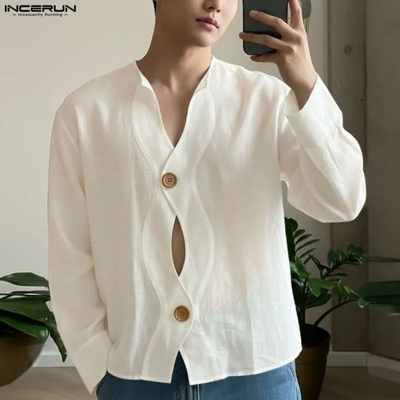 

INCERUN Men Shirt Solid Color V Neck Long Sleeve Button Hollow Out Men Clothing Streetwear Loose 2026 Fashion Tops Male Shirts
