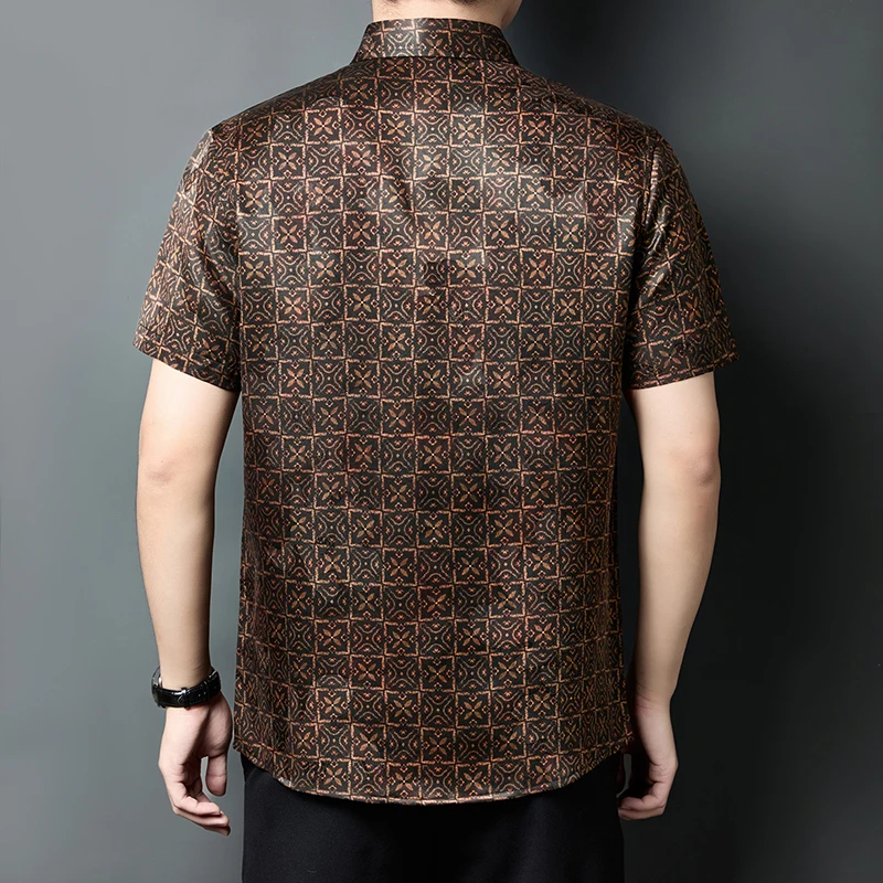 HT1206 Skin-Friendly Silk 100% Shirts For Men Short Sleeve Trendy Summer Quality Gambiered Canton Gauze Casual Camisas De Hombre