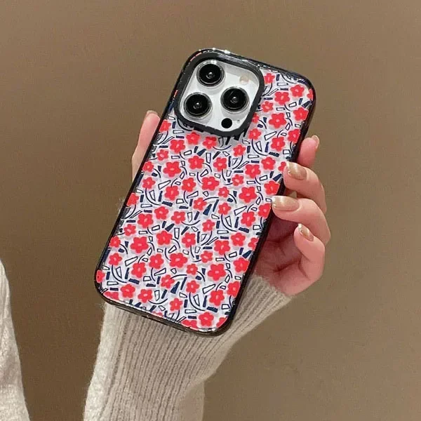 

2.0 Version Acrylic Upgrade Border Red Flower Phone Case Cover for IPhone 11 12 13 14 15 Pro Max Case for IPhone 15 Pro Max