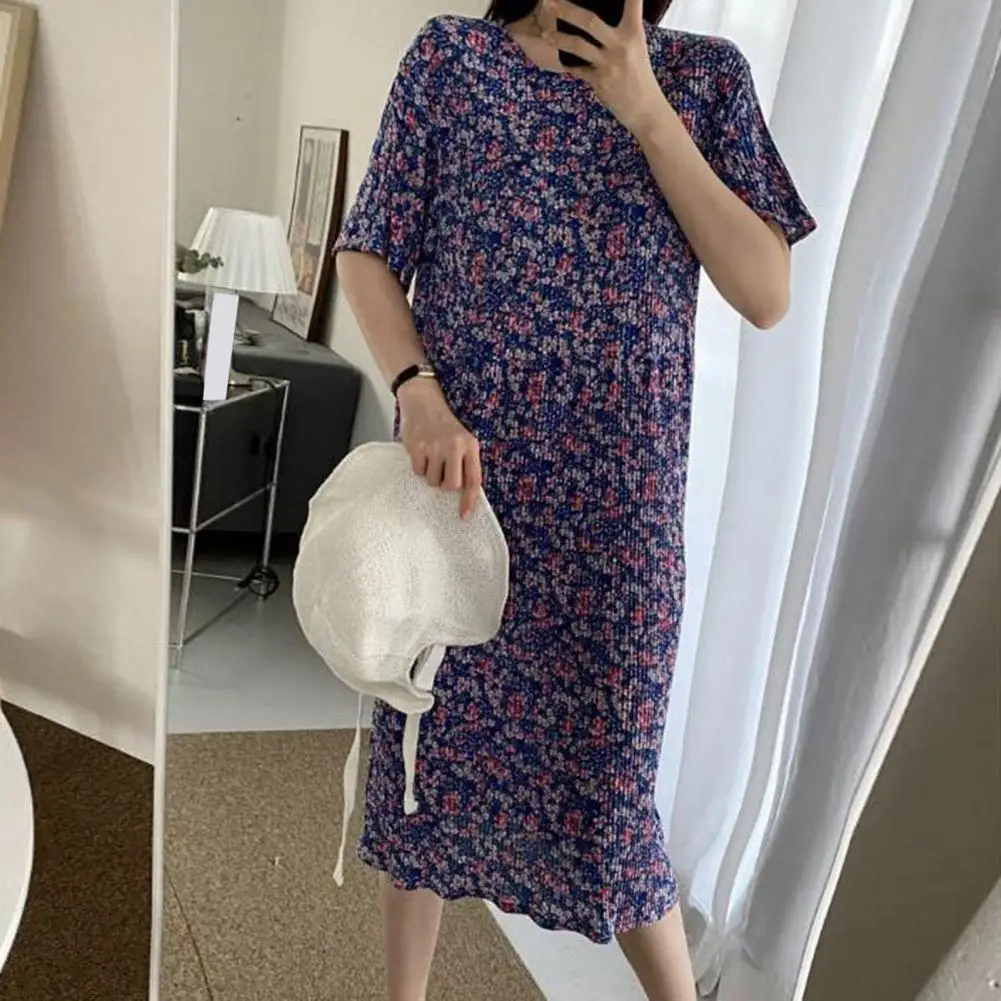 

Summer Women Dress Small Flower Print Crew Neck Loose Short Sleeves Pleated Mid-calf Length Pullover Dating Shopping Midi Dress