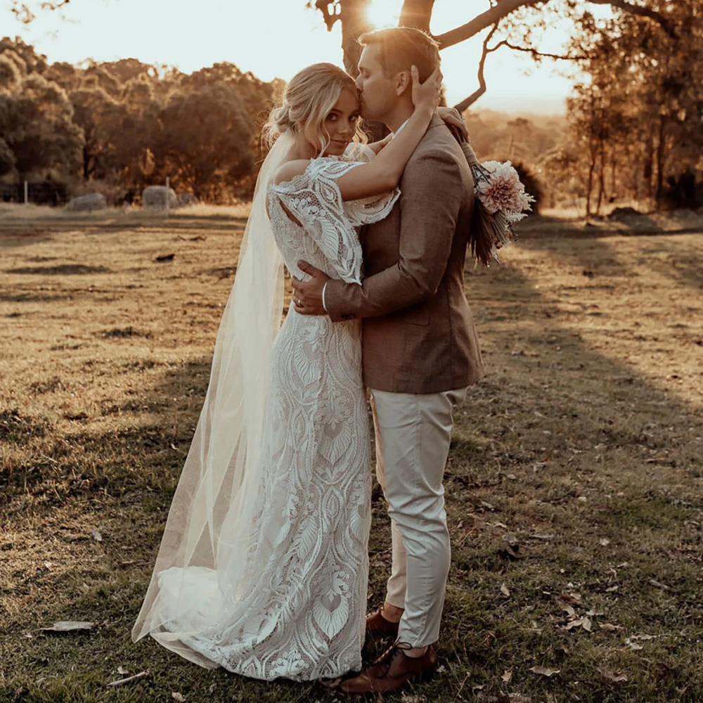 Vestido de novia rústico personalizado con recorte de sirena, encaje rústico, mangas caídas extraíbles, sin espalda, fotos reales, cuello en V, vestidos de novia desnudos