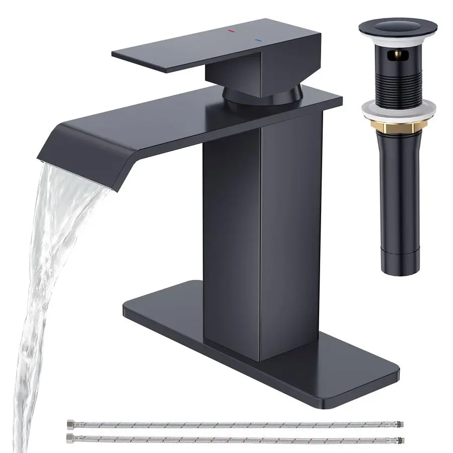 

Black Waterfall Bathroom Faucet 1 Hole,Matte Black Bathroom Faucet Single Handle Bathroom Sink Faucet with Pop Up Drain Stopper
