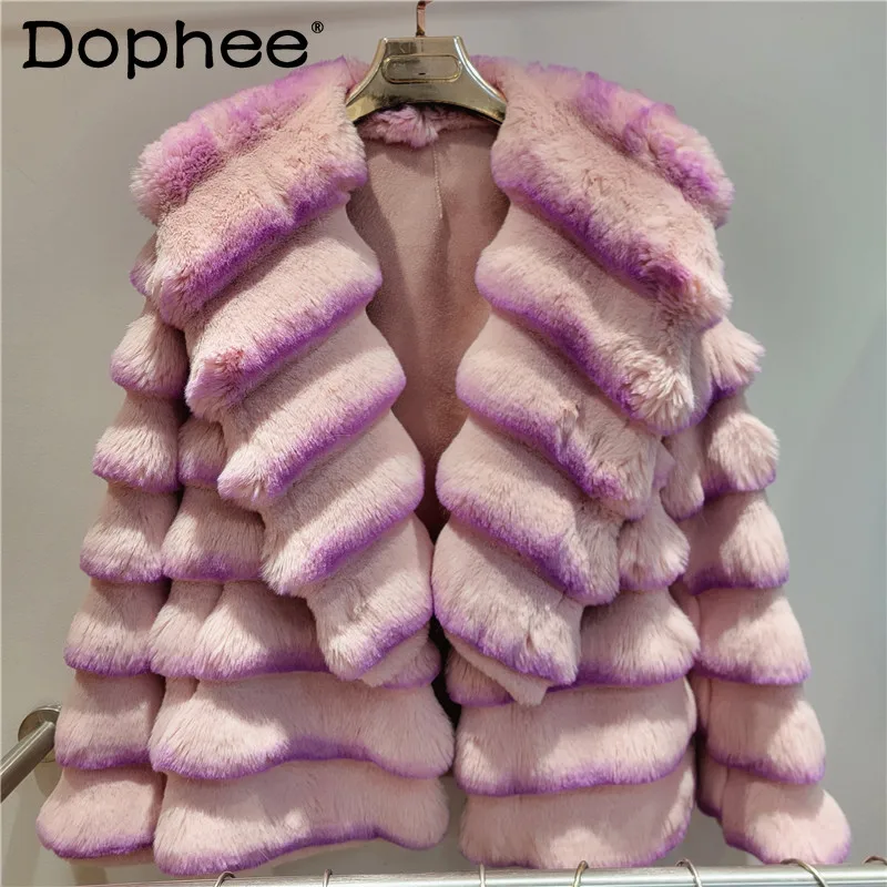 

2024 Winter New High-end Fashionable Lady Imitation Rex Rabbit Fur Chinchilla Lapel Faux Fur Coat Short Fluffy Jacket Women