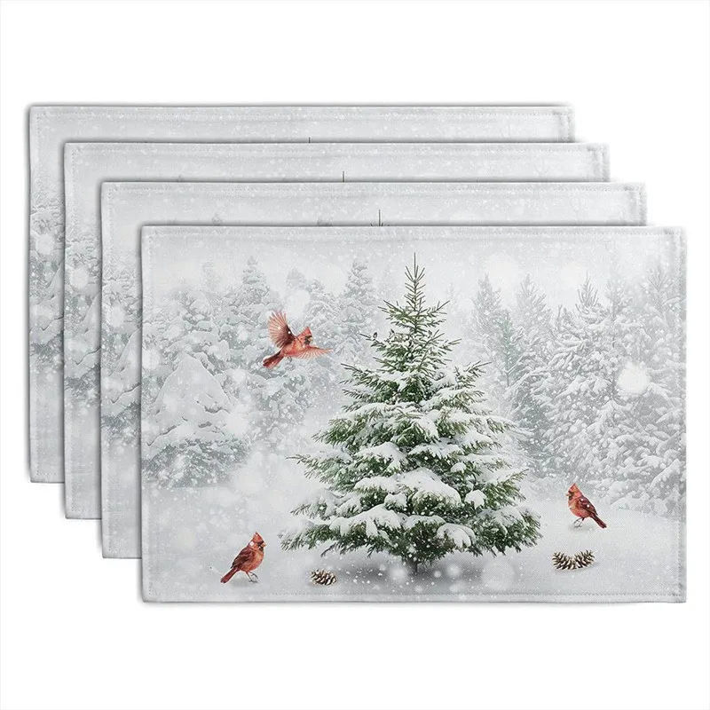 VIKAMA Linen Placemats Red Cardinal Bird Snowy Pine Tree, Stain Resistant Easy to Clean, Dining Table Holiday Decor