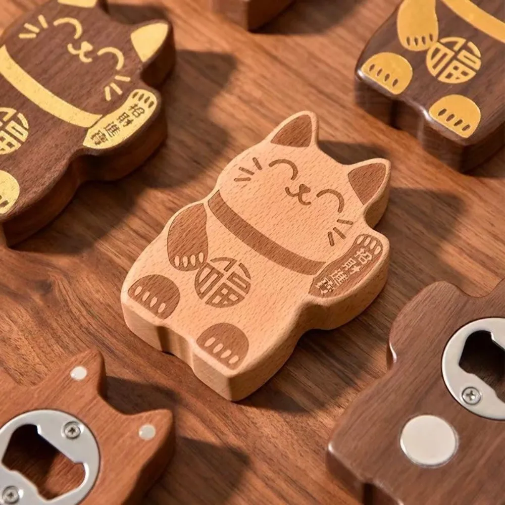 Decoration Wooden Fortune Cat Bottle Opener Lucky Cute Kitty Fridge Magnet Maneki-neko Brown Magnetic Cap Remover Gift