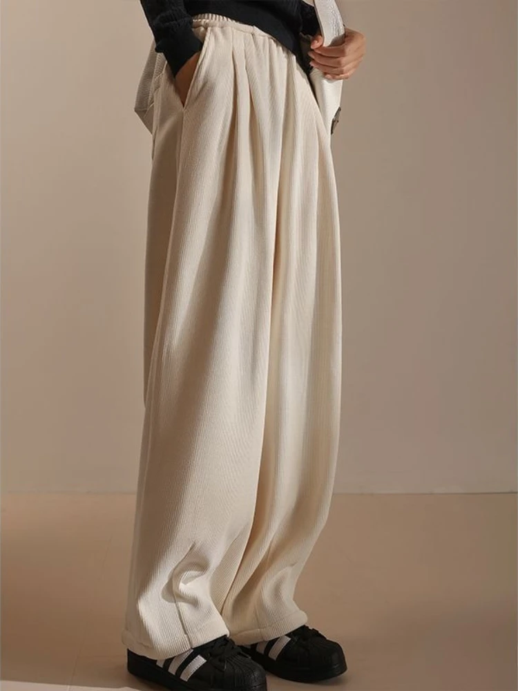 Herbst und Winter Cord Hosen Samt Verdickte Gerade Breite Bein Hosen Frauen Casual Elastizität Hohe Taille Neun Viertel Hosen