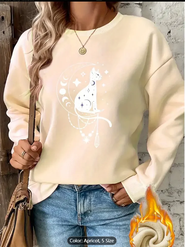 

Женский черный свитшот Moon Cat с графическим принтом на флисовой подкладке, повседневный пуловер большого размера, топ для любителей мистических кошек, чистый хлопок