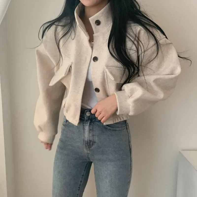 New Women Solid Colors Stand Collar Woolen Coat Autumn Loose Casual Jackets Fashion Big Pocket Button Outwears Cute Chic Jackets