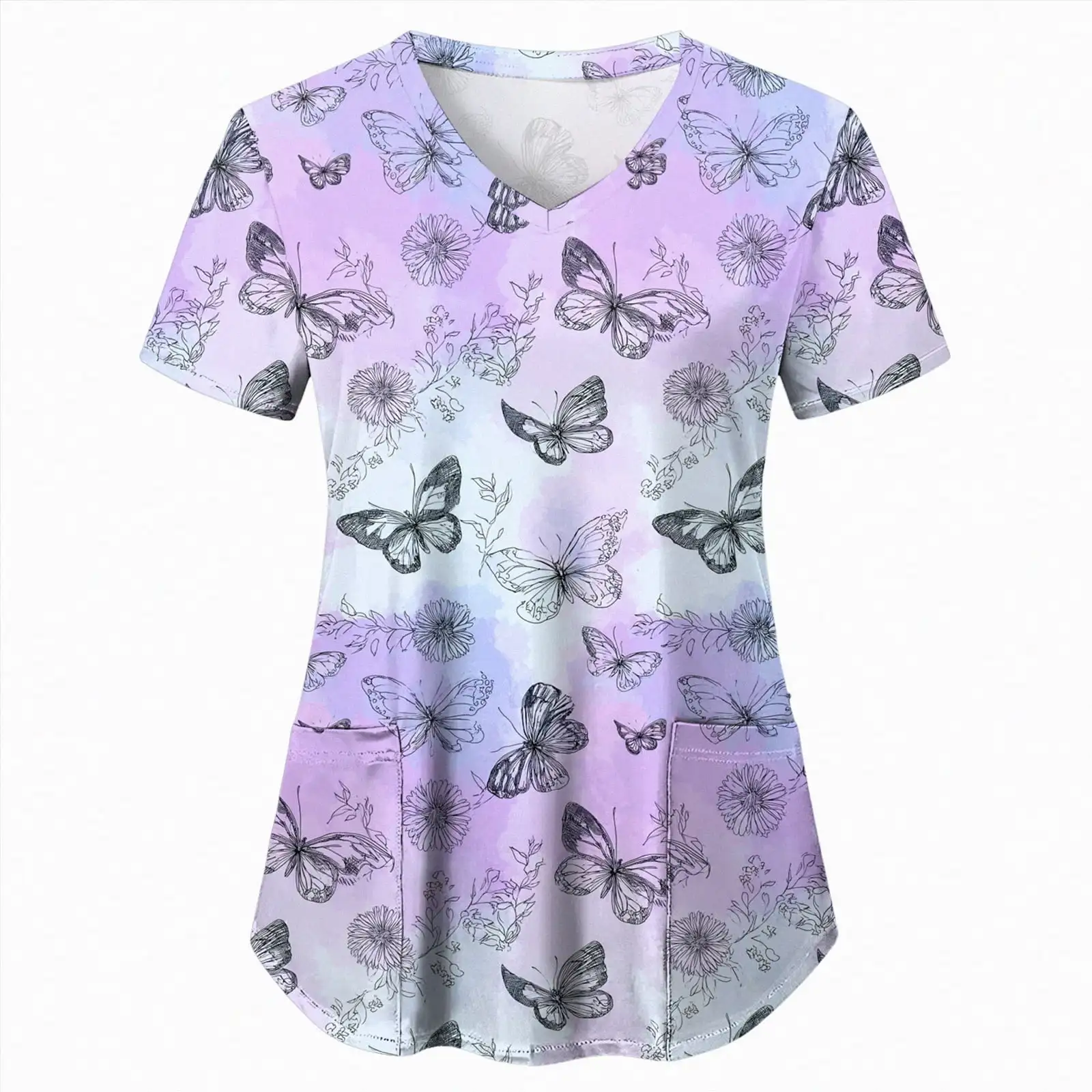 Uniform Nurse Clinic Nursing butterfly Flower Workwear Hospital T-shirt Tee Short Sleeve Blouse Carer Working Women Medical