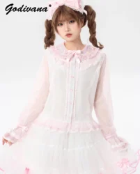 Jelly Shirt New 2024 Spring and Summer Women's Long Sleeves Inner Wear Cute Sweet Lolita Doll Neck Polka Dot Mesh Blouse Top