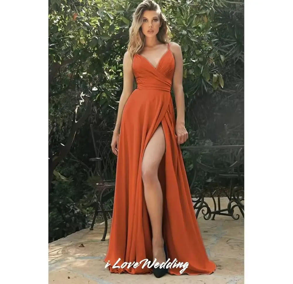 

Bright Orange Spaghetti-Strap Bridesmaid Dresses 2025 Satin Sleeveless V-Neck A-Line Side Split Wedding Party Dresses Customized