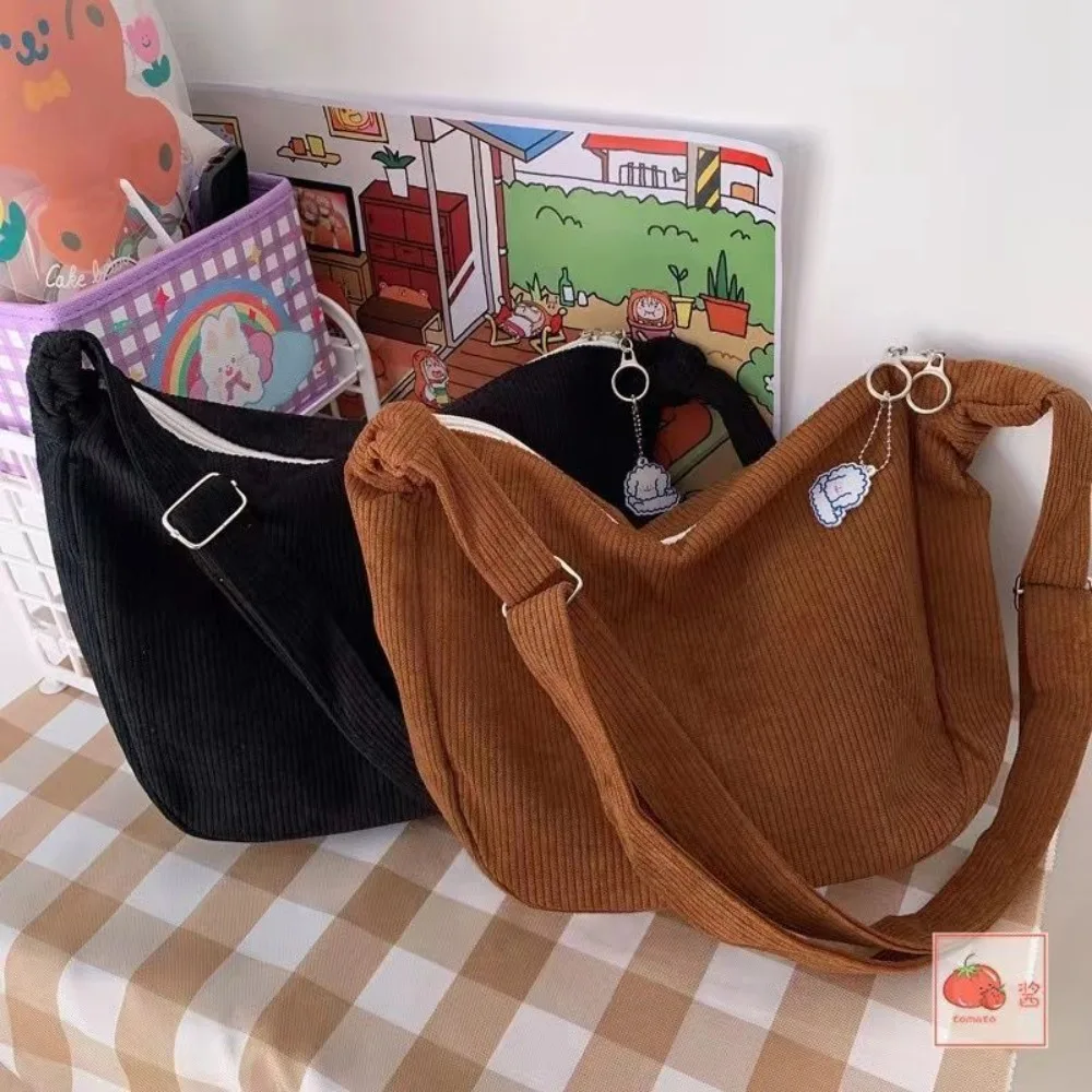 Solid Color Corduroy Crossbody Bag Fashion Korean Casual Shoulder Bag Large Capacity Lazy Style Handbag Women