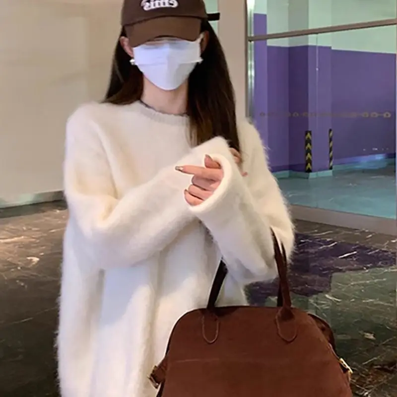 Gentle Style Purple Soft Glutinous Sweater Fluffy Imitation Mink Velvet Round Neck Pullover Knit Sweater Underwear Top