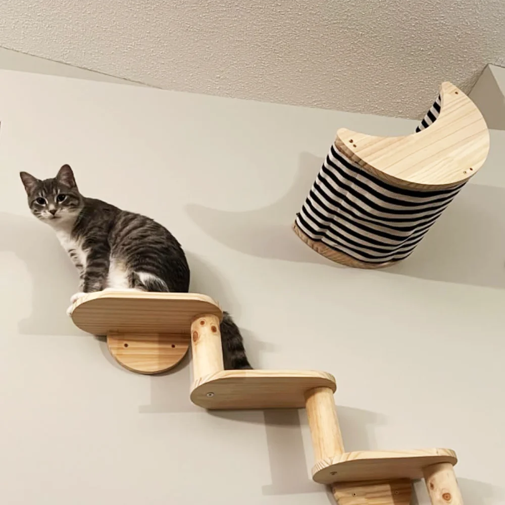 

Wall Mounted Solid Wooden Furniture Set Cat Climbing Frame Hammock Scratching Post Shelf with Sisal Jumping Platform Ladder