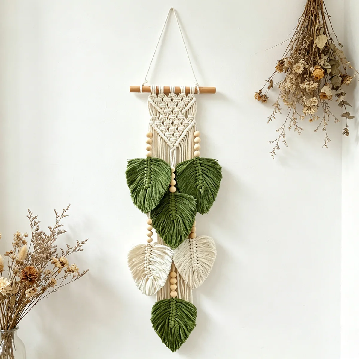 Hand‑Woven Cotton Rope Leaf Wall Decor with Wooden Stick & Beads, Boho Style Wall Art Ornament Tapestry Decoration.