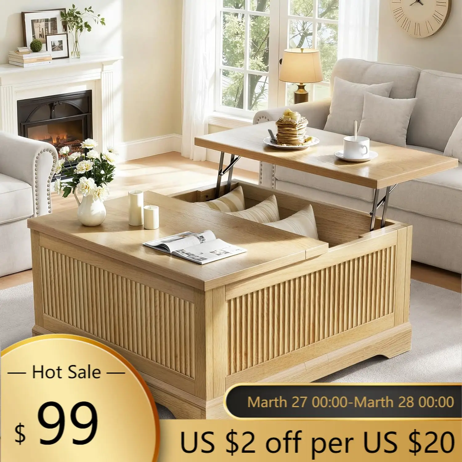 

Журнальный столик из натурального дуба с подъемной столешницей, скрытым отсеком для хранения и откидными крышками, в стиле фермерского дома, квадратный, для гостиной и домашнего офиса