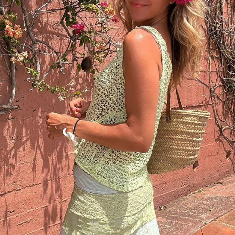 Gilet senza maniche scavato estivo Top da donna Moda T-shirt da spiaggia lavorata a maglia con prospettiva a V profonda Camicette corte slim in lino casual