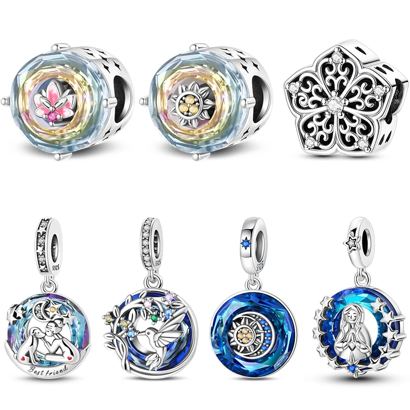 Novo 925 prata esterlina pombo lótus sol lua estrelas brilhando contas de vidro caber 925 pulseiras originais finas diy jóias presentes