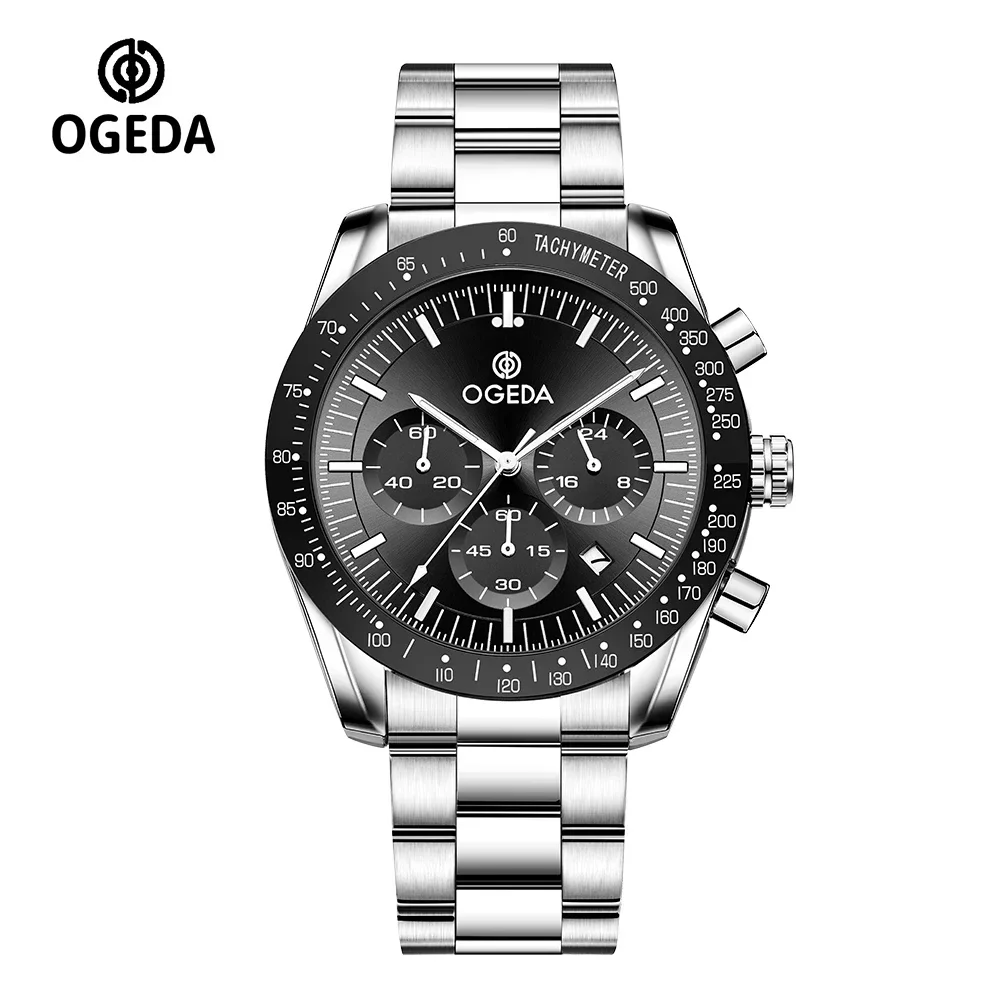 OGEDA 2024 Nuevo reloj de moda para hombre con cronógrafo de cuarzo, aleación de vidrio mineral, resistente al agua, 20bar