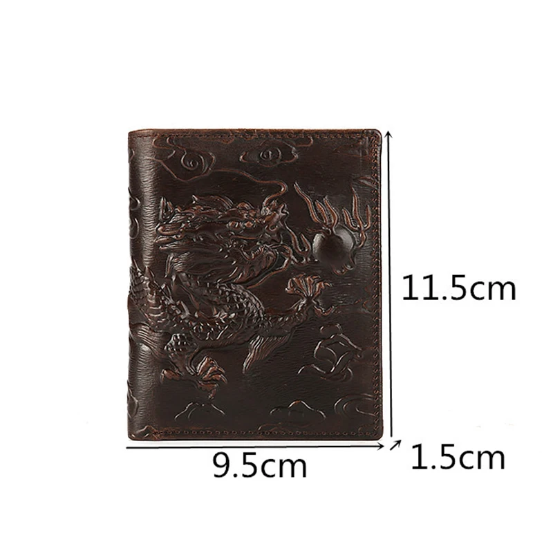 Short Wallets for Men Vintage Embossing 3D Dragon Genuine Leather Bifold Slim Card Holder Money Clip Wallet Purse with ID Window