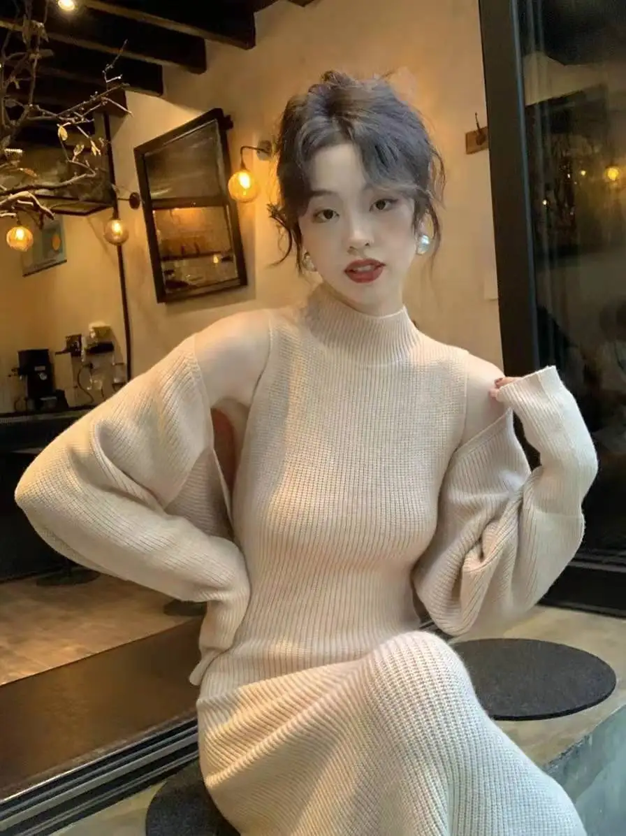 Autumn Vintage Slim Knitted Dress Sets Women Elegant Long Sleeve Shawl Top + Bodycon Long Dresses Two Piece Set Outfits Harajuku