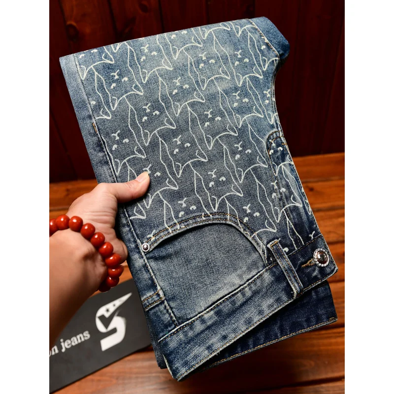 

Trendy printed fashionable jeans men,, small feet, street ruff, handsome, elastic, retro blue casual pants
