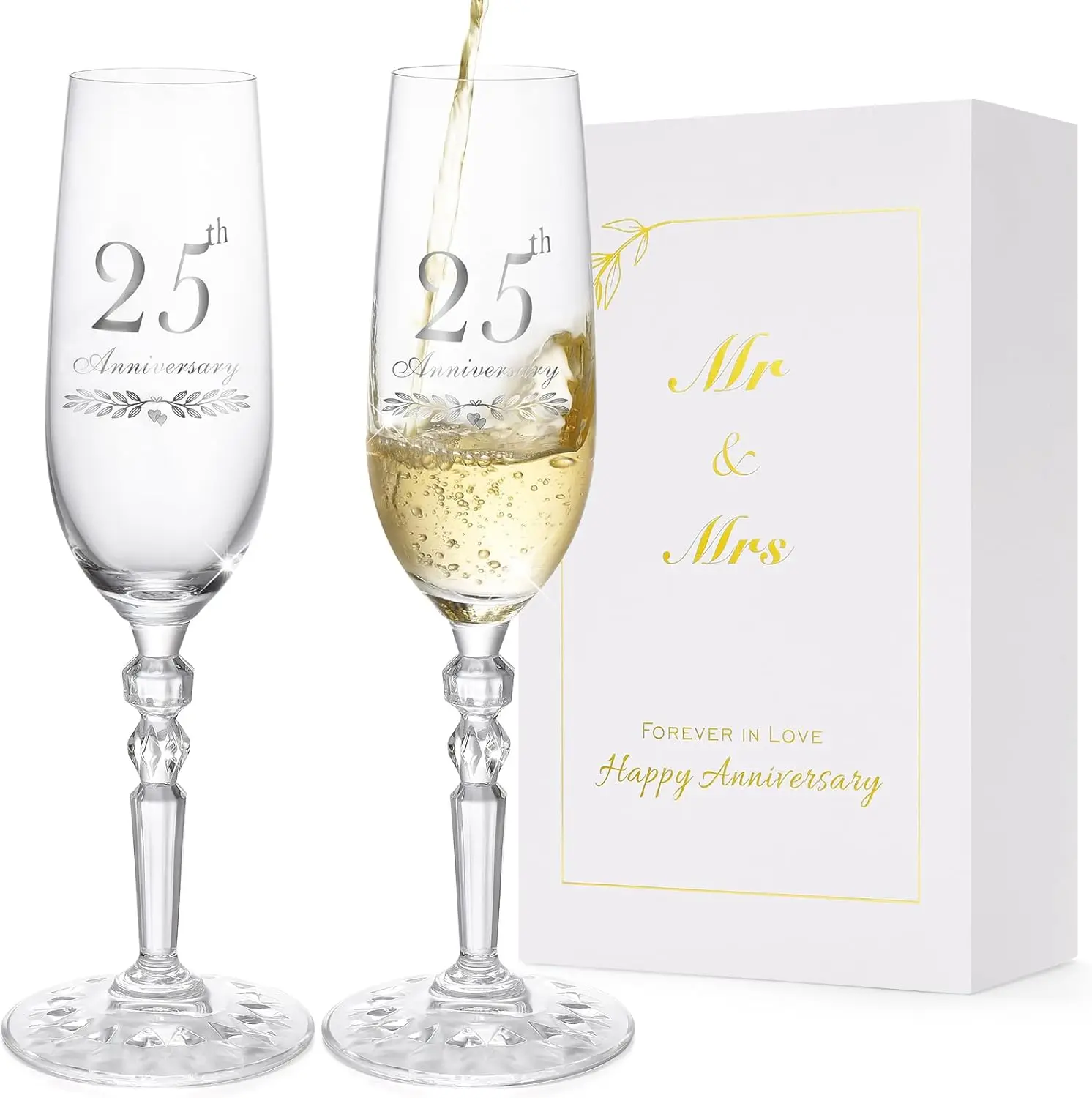 

25th Anniversary Gifts for Couple, Crystal Champagne Flutes Set of 2, Classic Wedding Anniversary Gift for Husband Wife