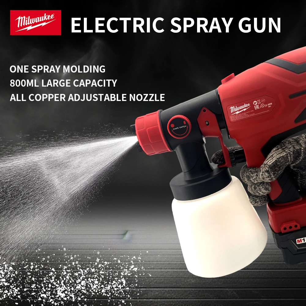 Milwaukee Electric Spray Gun Cordless Paint Sprayer Auto Furniture Steel Coating Airbrush Compatible Red Electric Spray 800ML