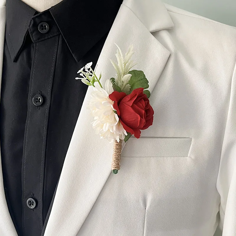 White Boutonniere Wedding Corsage Flowers Artificial Red Rose Bracelet for Bridesmaid Men Buttonhole Guests Marriage Accessories