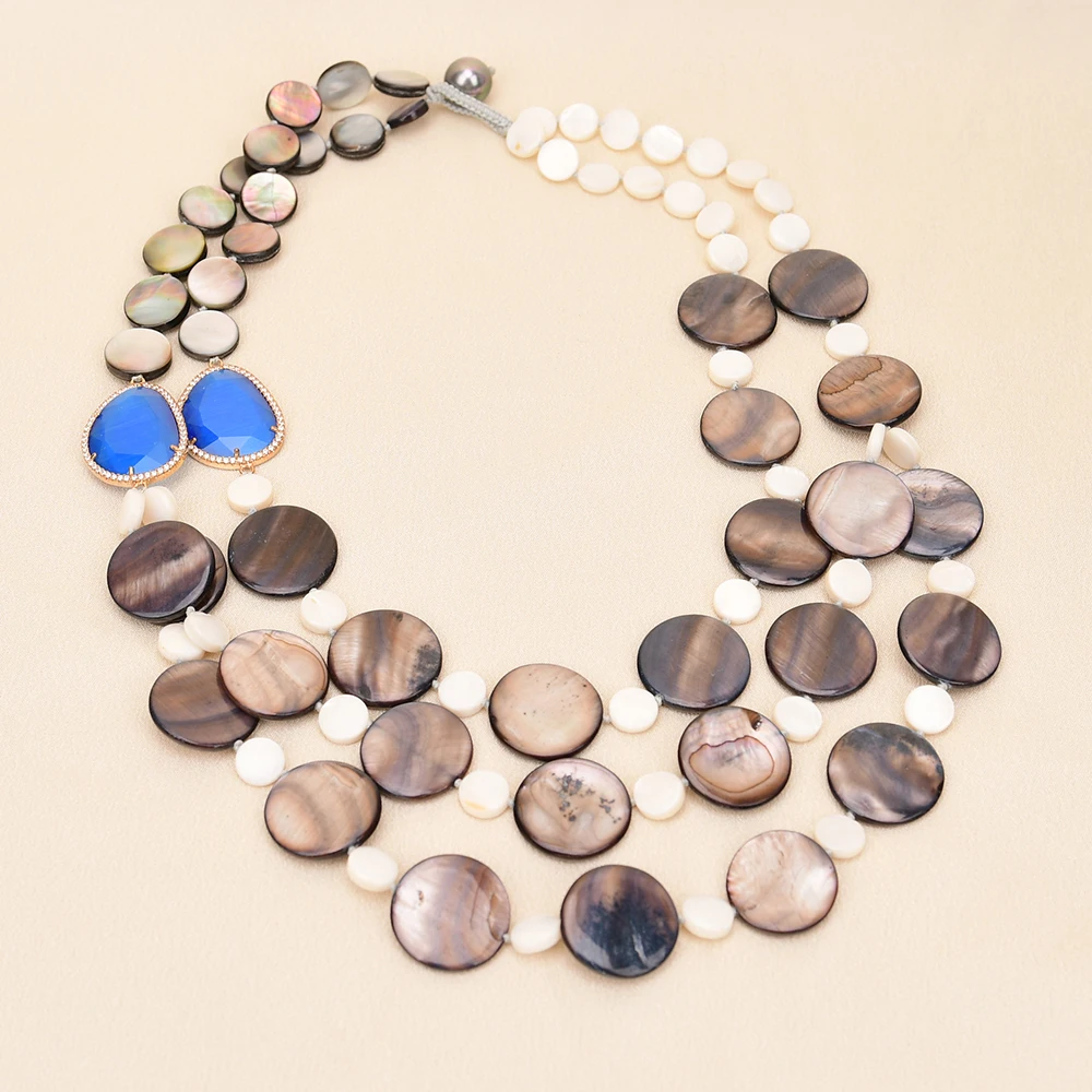 APDGG A81 Handmade 3 Rows Natural Mix Stone White Black Shell Blue Crystal Multi Strands Necklace