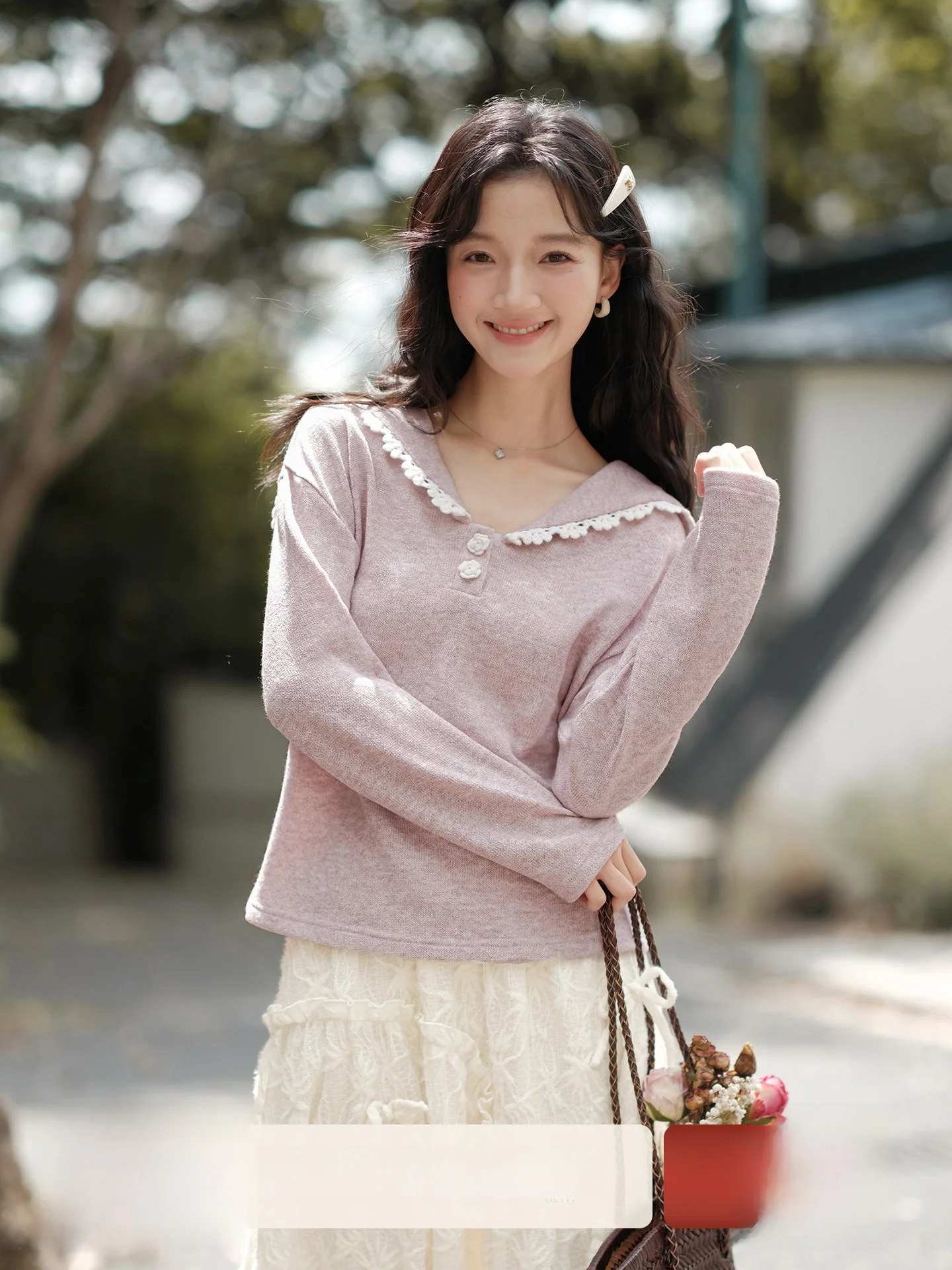 

Розовый сладкий темно-синий длинный вязаный свитер с воротником све, женская ранняя осень, кружевная футболка, топ Princ Sle, свободный крой