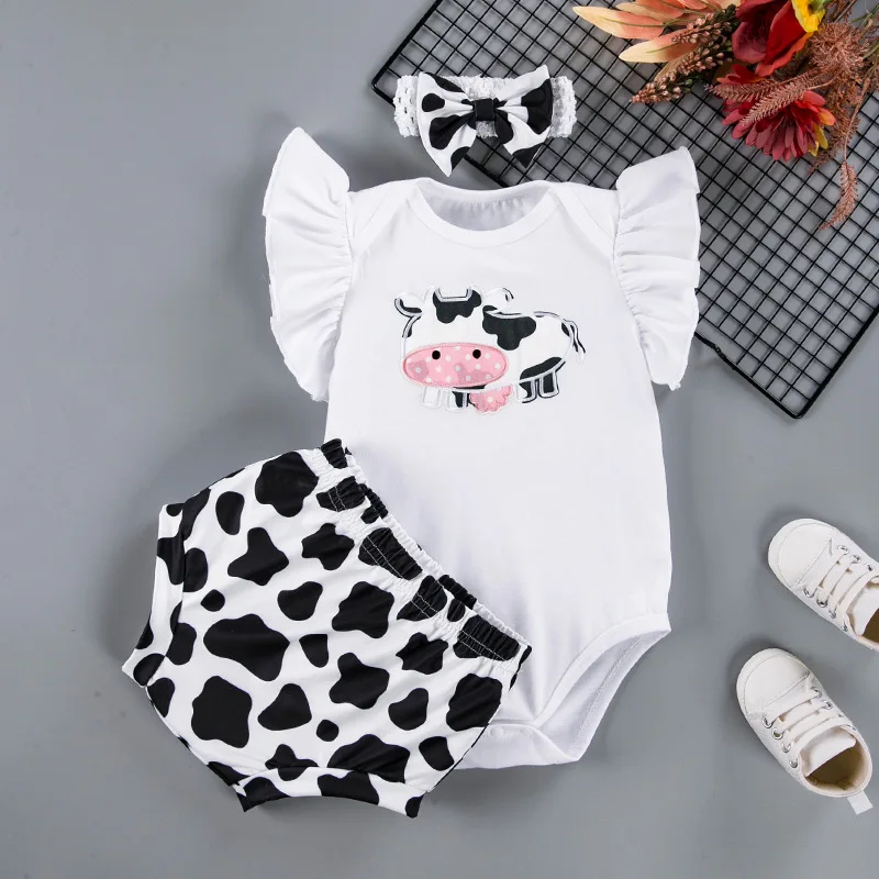 3Piece Sets Summer Newborn Girls Clothes Cartoon Cute Short Sleeve Bodysuit+Shorts Baby Clothing Toddler Boutique Outfits BC1806