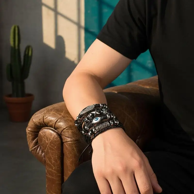 Boho Mehrschichtige Lederarmbänder, Charm-Perlen-Armband für Damen und Herren, Vintage Punk Wrap-Set – Detail 1