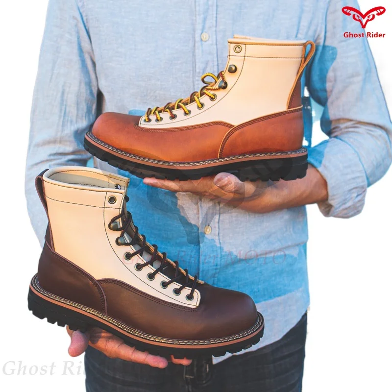 Big yellow boots spring autumn hand-sewn leather cowhide boots little white shoes leather motorcycle boots men botas moto