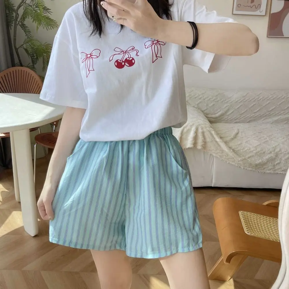 Spring Summer Casual Shorts Women Chic Baggy Stripe Short Pants High Waist Elastic Waistband Thin Loose Shorts Indoor Outdoor